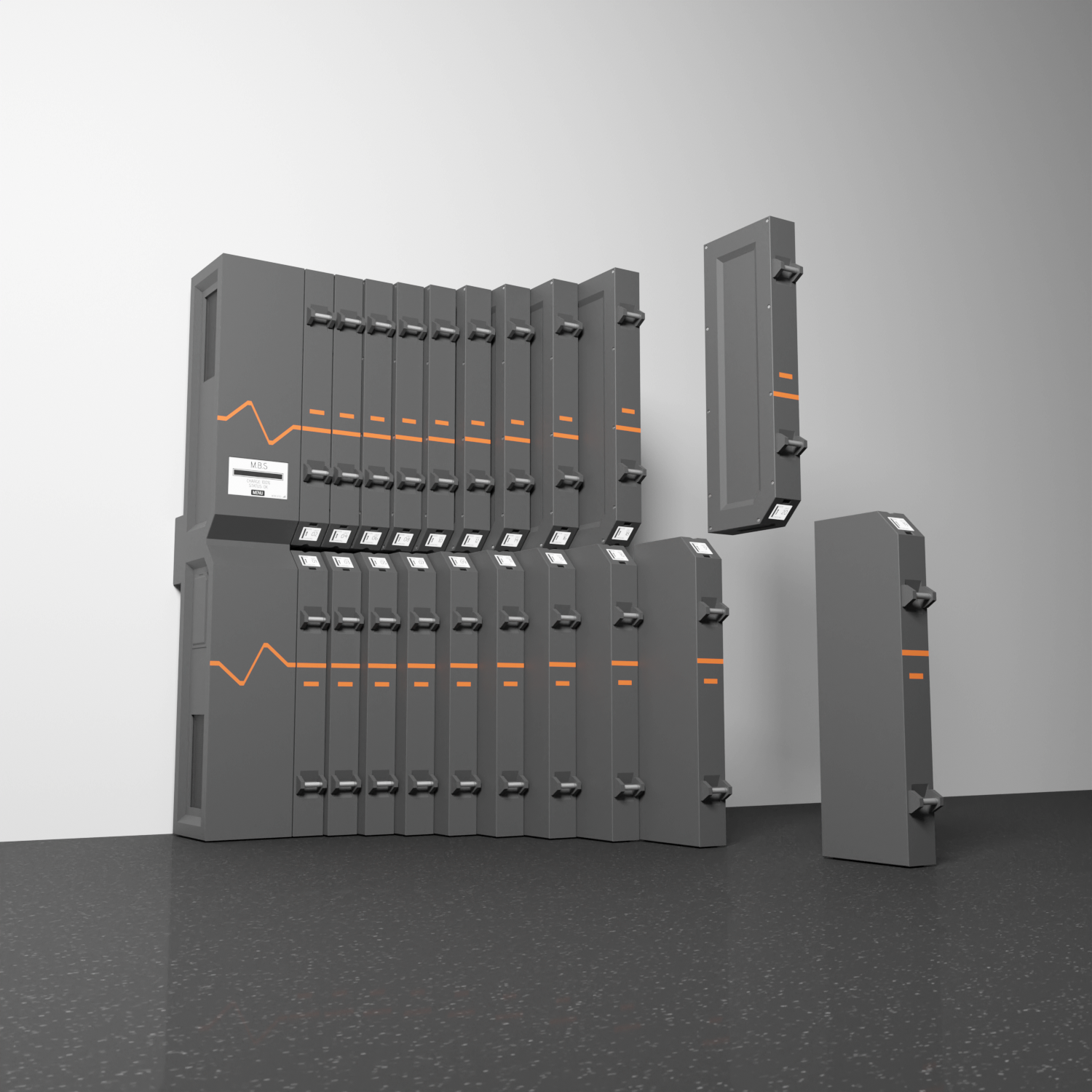 Render of battery modules falling into place for the Modular Battery System.